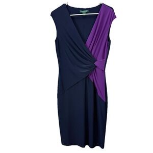 Ralph Lauren Navy Blue Purple Twist Colorblock Sleeveless Stretch Sheath Dress 8